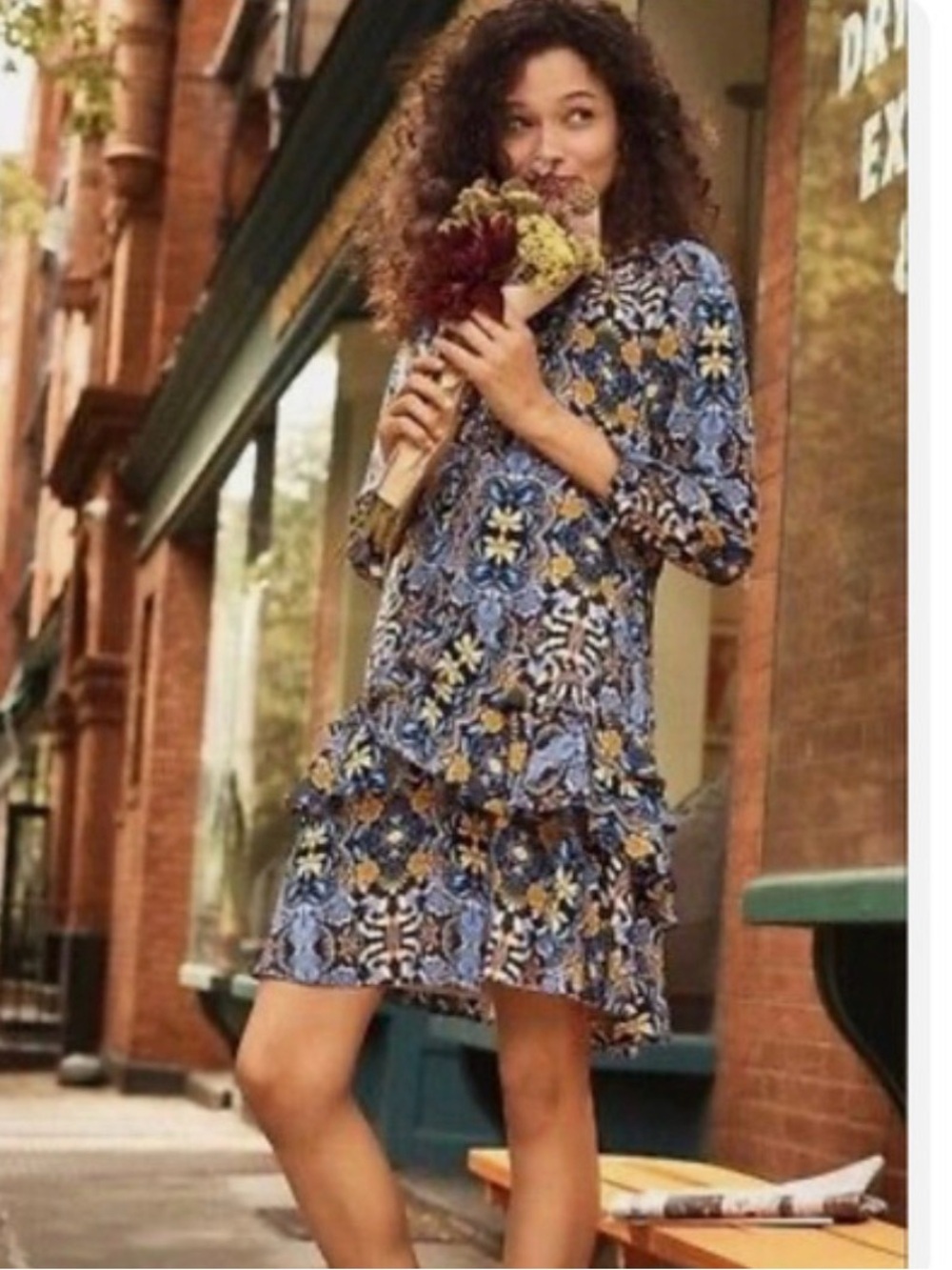 Boho Floral print Tiered Long Sleeve Dress - Navy, Yellow, White Sz small/medium